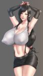  1girl armpits arms_up bangs black_hair breasts brown_eyes cleavage collarbone curvy earrings elbow_pads erect_nipples erect_nipples_under_clothes eyeliner eyeshadow female final_fantasy final_fantasy_vii fingerless_gloves gloves highres hips huge_breasts jewelry lips lipstick long_hair looking_at_viewer low-tied_long_hair makeup midriff miniskirt naughty_face navel okai original red_gloves shirt skirt smile solo stomach suspender_skirt suspenders swept_bangs tank_top taut_clothes taut_shirt thick_thighs thigh_strap thighs tifa_lockhart 
