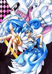  1girl araki_hirohiko_(style) argyle argyle_background blue_bow blue_eyes blue_hair bow crazy_diamond crossover cure_diamond dokidoki!_precure dress helmet hishikawa_rikka hororo-jium jojo_no_kimyou_na_bouken long_hair magical_girl namesake outstretched_hand precure purple_skin smile traditional_media 