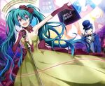  1girl aqua_hair arisaka_ako bad_id bad_pixiv_id blue_eyes bow bowtie dress elbow_gloves gloves hat hat_tip hatsune_miku kaito kochira_koufuku_anshin_iinkai_desu_(vocaloid) long_hair microphone microphone_stand open_mouth outstretched_arm smile top_hat twintails very_long_hair vocaloid 