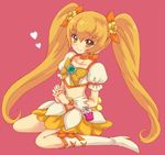  blonde_hair boots bow choker cure_sunshine hair_ribbon heart heartcatch_precure! knee_boots long_hair magical_girl midriff myoudouin_itsuki navel orange_bow orange_choker pink_background precure ribbon sikuhima sitting skirt smile solo twintails wrist_cuffs yellow_bow yellow_eyes 