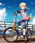  ahoge american_flag artist_name bag bicycle bird blonde_hair blush brown_eyes capri_pants cloud day denim drill_hair fingerless_gloves folding_bicycle glasses gloves ground_vehicle hair_ornament highres hokuchin jeans mahou_shoujo_madoka_magica messenger_bag no_socks pants railing riding shoes shoulder_bag signature sky smile sneakers solo star tomoe_mami twin_drills twintails wrap-around_shades yellow_eyes 