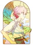  belt belt_buckle blue_eyes breast_pocket buckle closed_mouth cloud collared_shirt expressionless from_side hair_between_eyes hand_in_pocket hosaka_dx looking_afar looking_away male_focus multicolored multicolored_eyes nagisa_kaworu neon_genesis_evangelion pink_hair pocket profile red_eyes rock shirt shirt_tucked_in short_sleeves solo upper_body white_shirt wing_collar 
