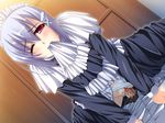  1girl bed blood blush clothed_sex game_cg goshujinsama_daisuki kuu_spitfire maid penis pussy red_eyes sex short_hair silver_hair uncensored vaginal virgin wince 