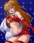  blue_background blue_eyes brown_hair christmas elbow_gloves gloves houjou_hibiki isu long_hair lowres midriff minamino_kanade miniskirt navel oekaki precure red_gloves santa_costume skirt smile snowing solo suite_precure thighhighs two_side_up when_you_see_it 