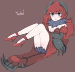  artist_request blue_eyes breasts character_name claws cleavage dress elbow_gloves gen_6_pokemon gloves high_heels horns legendary_pokemon medium_breasts personification pokemon red_hair shoes solo source_request tail underwear wings yveltal 