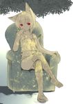 animal_ears camisole commentary_request crossed_legs flat_chest highres majima_yuki monochrome original panties red_eyes short_hair sitting solo spot_color tail thighhighs underwear 