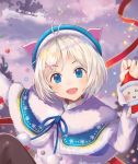  1girl :d animal_ears blue_eyes brown_legwear cloud cropped day dew_(7302235) fur_trim gift hair_ornament hairband hand_up highres looking_at_viewer open_mouth outdoors pantyhose red_ribbon ribbon short_hair sleigh smile solo white_hair x_hair_ornament 