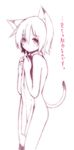  animal_ears cat_ears cat_tail copyright_request covering highres looking_at_viewer majima_yuki monochrome nude nude_cover short_hair simple_background solo tail translated white_background 