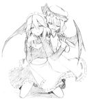  flat_chest greyscale hat izayoi_sakuya knife majima_yuki monochrome multiple_girls one_eye_closed remilia_scarlet short_hair simple_background smile touhou white_background wings 