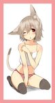  animal_ears blush camisole cat_ears cat_tail copyright_request embarrassed flat_chest food_print grey_hair highres majima_yuki one_eye_closed panties print_panties red_eyes short_hair simple_background sitting solo strawberry_panties strawberry_print tail thighhighs underwear white_background 