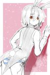  animal_ears blush bunny_ears bunny_tail commentary_request from_behind highres looking_back majima_yuki monochrome original panties short_hair solo spot_color striped striped_panties tail underwear 