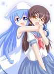  black_hair blue_eyes blue_hair brown_eyes dress glasses hat hug hug_from_behind ikamusume kagerou_(kers) long_hair low_twintails multiple_girls neckerchief open_mouth sakura_kiyomi school_uniform serafuku shinryaku!_ikamusume skirt smile tentacle_hair twintails very_long_hair white_dress 