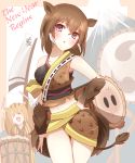  &gt;_&lt; 2girls :d :o animal_ears bangs black_camisole blush boar breasts brown_eyes brown_hair brown_kimono brown_skirt camisole chibi chinese_zodiac commentary_request drum drumsticks english_text eyebrows_visible_through_hair eyes_closed facing_viewer flag hair_between_eyes hand_on_hip head_tilt highres holding holding_drumsticks instrument japanese_clothes kimono long_hair long_sleeves looking_at_viewer medium_breasts midriff multiple_girls new_year non_(wednesday-classic) open_mouth original parted_lips personification pig_ears pig_girl pig_tail skirt smile tail wide_sleeves xd year_of_the_pig 