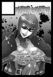 :q black_border border breast_hold breasts circle_cut cyborg greyscale highres jacket mathilda max_anarchy mole monochrome naughty_face solo spikes sunglasses tongue tongue_out zunta 