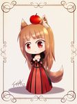 :t animal_ears apple apple_on_head blush breast_conscious brown_hair choker collarbone cosplay dress food fruit fur_trim hands_on_own_chest holo koshimizu_ami langbazi long_hair maou_(maoyuu) maou_(maoyuu)_(cosplay) maoyuu_maou_yuusha on_head pout red_eyes seiyuu_connection signature solo spice_and_wolf tail wolf_ears wolf_tail 