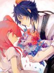  1girl black_hair blush bouquet confession couple flower hetero kasabuta magi_the_labyrinth_of_magic morgiana red_hair ren_hakuryuu shy tegaki 