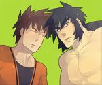  black_eyes black_hair brown_hair elite_four eyes_closed game_freak mitsuko_(likiliki) nintendo pokemon ponytail shiba_(pokemon) shirtless_(male) short_hair spiked_hair spiky_hair takeshi_(pokemon) 