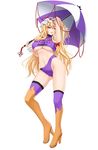  alternate_costume arm_up blonde_hair boots borrowed_design breasts clothes_writing hair_ribbon hand_in_hair hat highres large_breasts long_hair long_sleeves looking_at_viewer midriff over_shoulder parasol pose purple_eyes race_queen ribbon shuugetsu_karasu simple_background solo thigh_boots thighhighs touhou tress_ribbon umbrella underboob very_long_hair white_background yakumo_yukari 