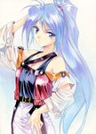  90s :/ agahari antenna_hair bangs bare_shoulders belt blue_eyes blue_hair blush breasts cleavage cowboy_shot eve_(series) eve_burst_error expressionless from_side garter_straps hand_on_own_head hand_on_own_thigh high_ponytail himuro_kyouko long_hair looking_at_viewer medium_breasts pants parted_bangs ponytail scrunchie simple_background solo traditional_media very_long_hair white_background 