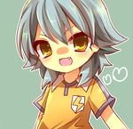  aoi_rena bad_id bad_pixiv_id blue_hair fang heart inazuma_eleven_(series) inazuma_eleven_go kariya_masaki lightning_bolt male_focus open_mouth raimon raimon_soccer_uniform simple_background soccer_uniform solo sportswear yellow_eyes 