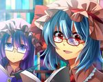  bespectacled blue_hair book bookshelf fuuna_(conclusion) glasses hat long_hair multiple_girls open_mouth patchouli_knowledge purple-framed_eyewear purple_eyes purple_hair red-framed_eyewear red_eyes remilia_scarlet short_hair smile touhou 