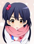  blue_eyes brown_eyes hair_bobbles hair_ornament kitashirakawa_anko long_hair one_side_up scarf solo spiceg tamako_market 