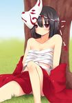  bare_shoulders black_hair blush copyright_request fox_mask highres looking_at_viewer majima_yuki mask red_eyes sarashi short_hair sitting solo 