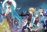  2girls aqua_eyes aqua_hair blonde_hair bow brother_and_sister cityscape dress full_moon hair_bow hatsune_miku kagamine_len kagamine_rin kochira_koufuku_anshin_iinkai_desu_(vocaloid) long_hair looking_at_viewer microphone moon multiple_girls night siblings skirt smile twintails very_long_hair vintage_microphone vocaloid wogura 