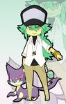  cap chibi green_hair hat long_hair n_(pokemon) poke_ball pokeball pokemon purrloin smile 