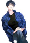  1boy artist_name black_hair black_shirt grey_eyes hands_together invisible_chair legs_crossed looking_at_viewer male_focus original plaid plaid_shirt shirt simple_background sitting solo sukja white_background 