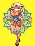  1girl animal_ears areolae arm_warmers blonde_hair breasts breasts_outside cheunchin dark_skin detached_sleeves full_body fur fur_trim hair_between_eyes hand_on_hip hooves horns large_breasts looking_at_viewer monster_girl monster_musume_no_iru_nichijou nipples off_shoulder overalls platinum_blonde pointy_ears red_eyes satyr short_hair solo tail tongue tongue_out white_hair zaane 