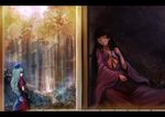  absurdres bad_id bad_pixiv_id bamboo black_hair braid closed_eyes flower hat highres houraisan_kaguya light long_hair mountain multiple_girls nature no_eyes parted_lips ribbon shadow shouji sleeping sliding_doors sola7764 touhou white_hair yagokoro_eirin 