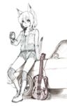  animal_ears blush boots cat_ears cat_tail copyright_request cutoffs flat_chest guitar highres instrument majima_yuki monochrome short_hair shorts simple_background smile solo tail thighhighs white_background 
