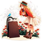  ascot bad_id bad_pixiv_id bird blue_eyes cat flower hat highres long_hair original shimoe solo 