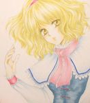  alice_margatroid blonde_hair capelet colored_pencil_(medium) dress eyelashes hazuki_iku headband long_sleeves marker_(medium) open_hand parted_lips pink_background ribbon shikishi simple_background solo touhou traditional_media upper_body yellow_eyes 