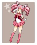  arm_up back_bow bishoujo_senshi_sailor_moon boots bow brooch chibi_usa choker double_bun elbow_gloves full_body gloves grey_background hair_ornament hairpin heart jewelry knee_boots magical_girl one_eye_closed pink_choker pink_footwear pink_hair pink_sailor_collar pink_skirt red_eyes ribbon rounded_corners sailor_chibi_moon sailor_collar sailor_senshi_uniform seeen short_hair skirt solo star tiara twintails v white_gloves 