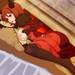  1girl black_legwear blush breast_hold breasts breasts_outside dakimakura_(object) dress fur_trim highres horns kiss large_breasts legs long_hair maou_(maoyuu) maoyuu_maou_yuusha pantyhose pillow red_eyes red_hair saliva solo takeda_yukimura tam2 tongue tongue_out 