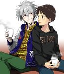  alternate_costume blue_eyes brown_hair casual cup grey_hair hood hoodie hosaka_dx ikari_shinji jacket letterman_jacket male_focus multiple_boys nagisa_kaworu neon_genesis_evangelion red_eyes sitting smile 