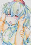  absurdres animal_ears blush breasts colored_pencil_(medium) face hat highres inubashiri_momiji kitazinger large_breasts no_bra open_mouth red_eyes saliva saliva_trail short_hair silver_hair solo tokin_hat touhou traditional_media wolf_ears 