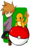  brown_hair charmander green_(pokemon) green_eyes ookido_green poke_ball pokeball pokemon pokemon_special short_hair solo standing 