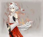  animal_ears aura bad_id bad_pixiv_id detached_sleeves grey_background hat high_collar inubashiri_momiji leaf maple_leaf pom_pom_(clothes) sashimi_(adam026) short_hair skirt solo sword tail tokin_hat touhou vest weapon white_hair wolf_ears wolf_tail yellow_eyes 