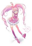  armpits arms_behind_back arms_up bad_id bad_pixiv_id blue_eyes blush bow choker cure_melody full_body houjou_hibiki long_hair looking_at_viewer magical_girl midriff musical_note open_mouth pink_bow pink_choker pink_hair pink_legwear precure ribbon skirt smile solo stretch suite_precure thighhighs twintails ume_(plumblossom) white_background 