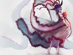  adapted_costume arm_up artist_name barefoot blue_hair charimei dress frilled_dress frills full_body hat hat_ribbon highres looking_at_viewer nagae_iku parted_lips pink_dress purple_hair red_eyes ribbon shawl short_hair simple_background smile solo tiptoes touhou water 