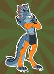  biceps blue_skin claws clothed clothing crossed_arms dragon fins half-dressed horn legwear loincloth looking_at_viewer male muscles orange_eyes partially pecs pinkuh scalie solo tattoo toeless_socks topless 
