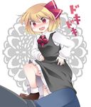  bad_id bad_pixiv_id blonde_hair blush commentary_request hair_ribbon hammer_(sunset_beach) hetero long_sleeves open_mouth puffy_sleeves red_eyes ribbon rumia short_hair stepped_on stepping sweatdrop touhou 