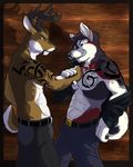  anthro antlers belt biceps blue_eyes brown_eyes canine cervine claws clothed clothing collar deer dog duo eclipsewolf fangs grin half-dressed horn husky jacket jeans male mammal muscles open_shirt pants pecs shirt smile standing tattoo teeth toned topless 