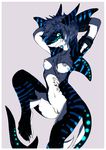  anthro bioluminescence blue blue_eyes blue_hair blue_markings breasts claws clothed clothing female fish glowing hair hands hindpaw looking_at_viewer marine markings mirapony multi-colored_body nika_(shark) nipples nude paws piercing plain_background pussy shark short_hair skimpy solo standing stripes tattoo 