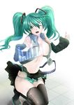  boots breasts detached_sleeves green_eyes green_hair hatsune_miku hija kneeling large_breasts long_hair one_eye_closed open_clothes open_mouth open_shirt panties shirt side-tie_panties skirt solo striped striped_panties thigh_boots thighhighs twintails underwear vocaloid 