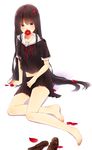  arm_support barefoot black_hair camellia covering_mouth flower loafers long_hair original petals pleated_skirt recotasan red_eyes school_uniform serafuku shoes shoes_removed sitting skirt solo very_long_hair yokozuwari 