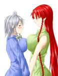  asymmetrical_docking blue_eyes blush braid breast_envy breast_press breasts highres hong_meiling huge_breasts izayoi_sakuya large_breasts long_hair maid_headdress multiple_girls niwatazumi red_hair ribbed_sweater ribbon short_hair silver_hair simple_background sweater touhou twin_braids upper_body very_long_hair white_background 